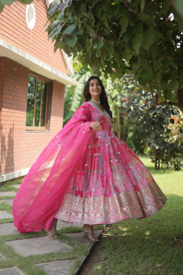 Jyoti Fashion Women's Pink Russian Silk Digital Print with Embroidered Anarkali Dress with Dupatta | Grocsy