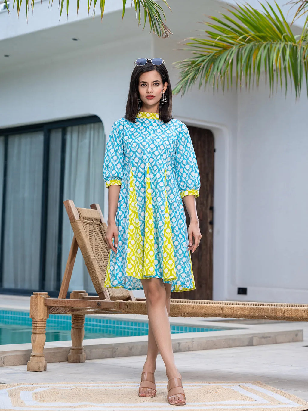 Yufta Sky Blue & Lime Green Pure Cotton Colour blocking Dress | Grocsy