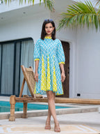 Yufta Sky Blue & Lime Green Pure Cotton Colour blocking Dress | Grocsy