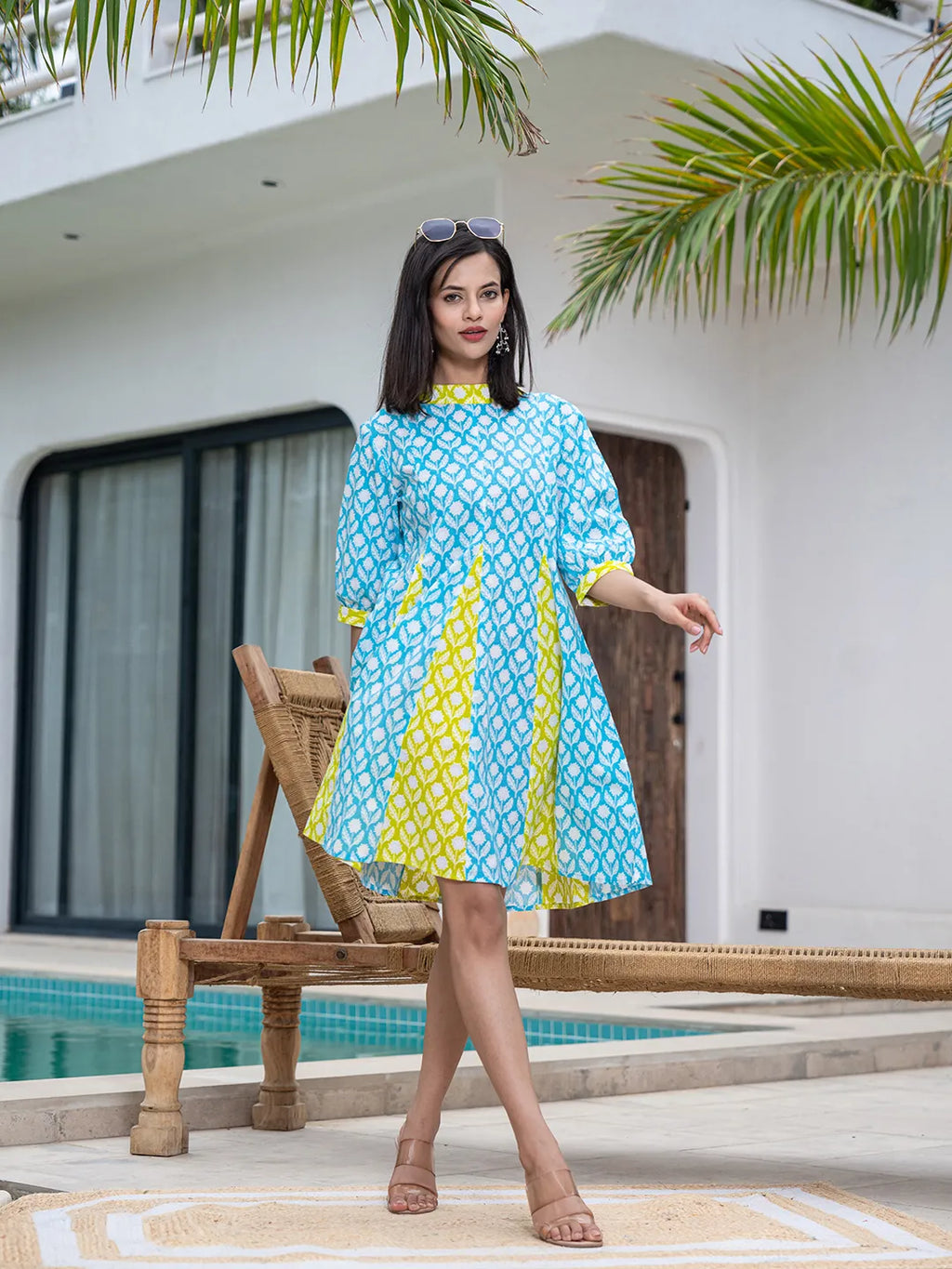 Yufta Sky Blue & Lime Green Pure Cotton Colour blocking Dress | Grocsy