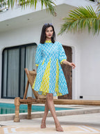 Yufta Sky Blue & Lime Green Pure Cotton Colour blocking Dress | Grocsy