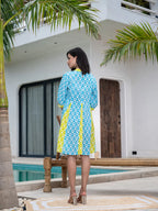 Yufta Sky Blue & Lime Green Pure Cotton Colour blocking Dress | Grocsy