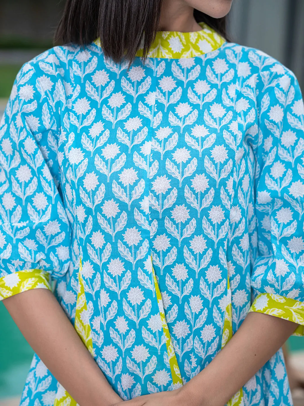 Yufta Sky Blue & Lime Green Pure Cotton Colour blocking Dress | Grocsy