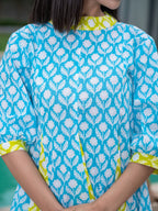 Yufta Sky Blue & Lime Green Pure Cotton Colour blocking Dress | Grocsy