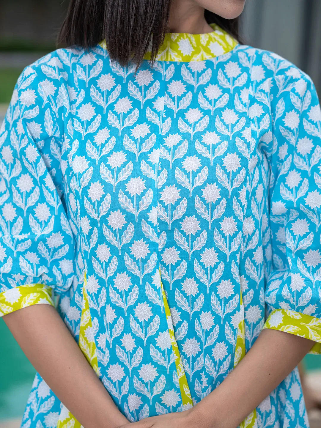 Yufta Sky Blue & Lime Green Pure Cotton Colour blocking Dress | Grocsy