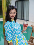 Yufta Sky Blue & Lime Green Pure Cotton Colour blocking Dress | Grocsy