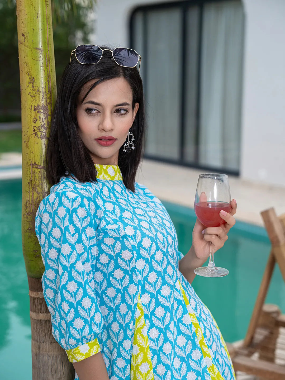 Yufta Sky Blue & Lime Green Pure Cotton Colour blocking Dress | Grocsy