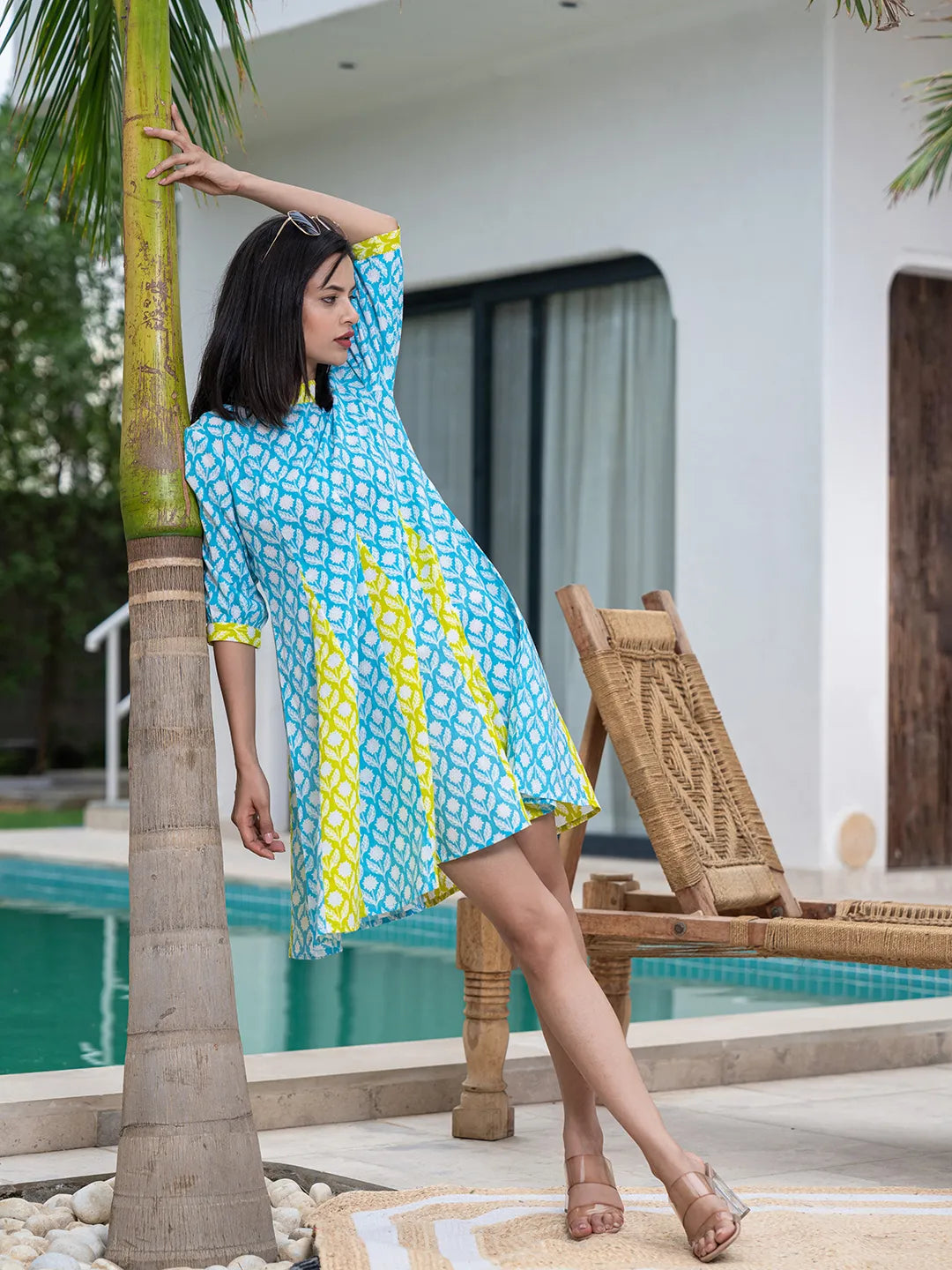 Yufta Sky Blue & Lime Green Pure Cotton Colour blocking Dress | Grocsy