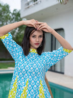 Yufta Sky Blue & Lime Green Pure Cotton Colour blocking Dress | Grocsy