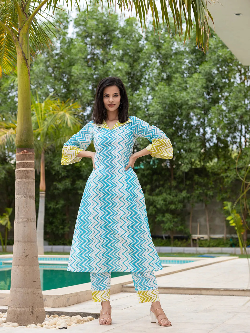 Yufta Sky Blue Cotton A-Line Colour blocking Kurta Trouser Set | Grocsy