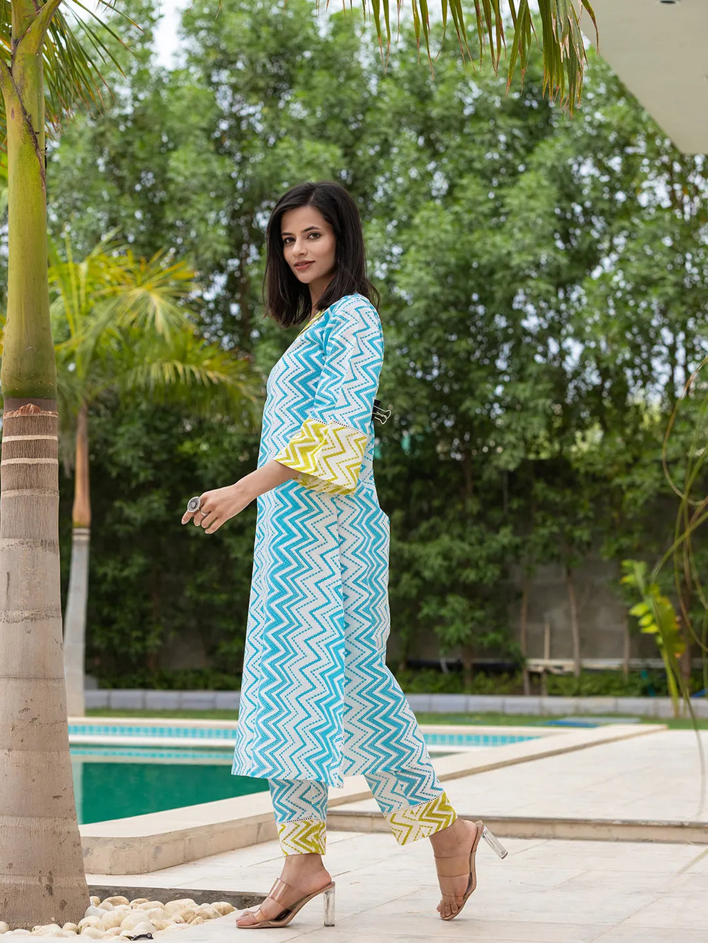 Yufta Sky Blue Cotton A-Line Colour blocking Kurta Trouser Set | Grocsy