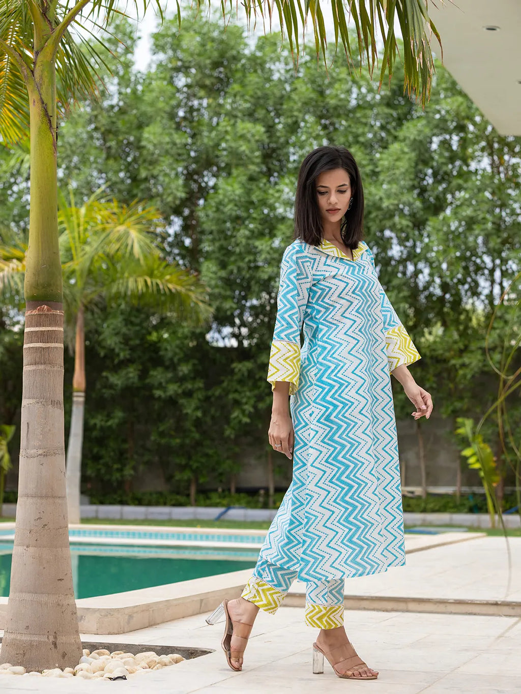 Yufta Sky Blue Cotton A-Line Colour blocking Kurta Trouser Set | Grocsy