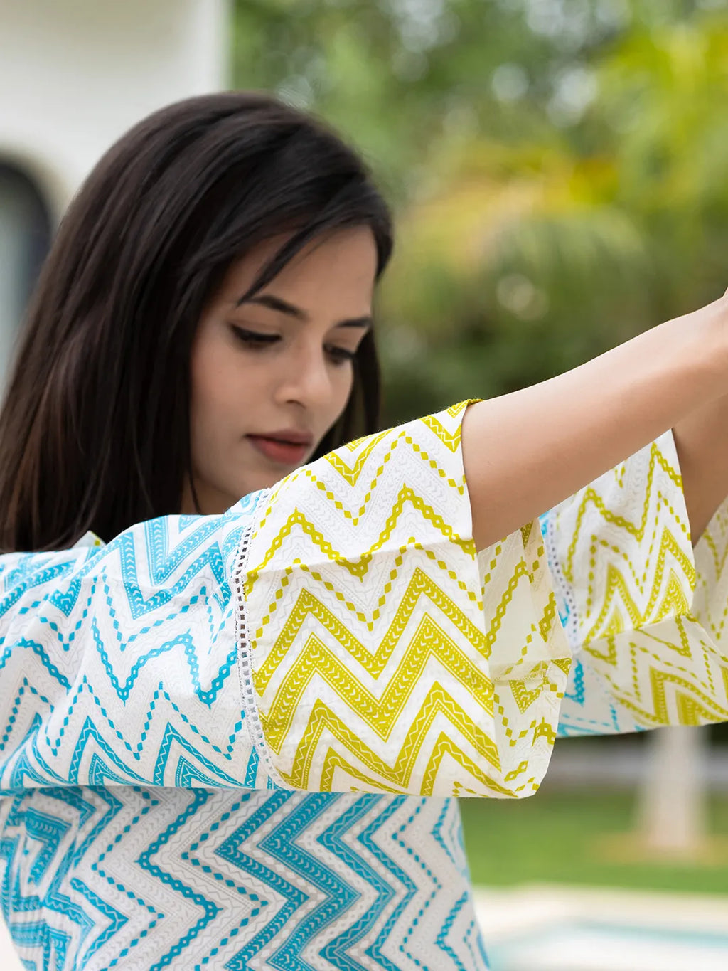 Yufta Sky Blue Cotton A-Line Colour blocking Kurta Trouser Set | Grocsy