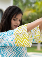 Yufta Sky Blue Cotton A-Line Colour blocking Kurta Trouser Set | Grocsy