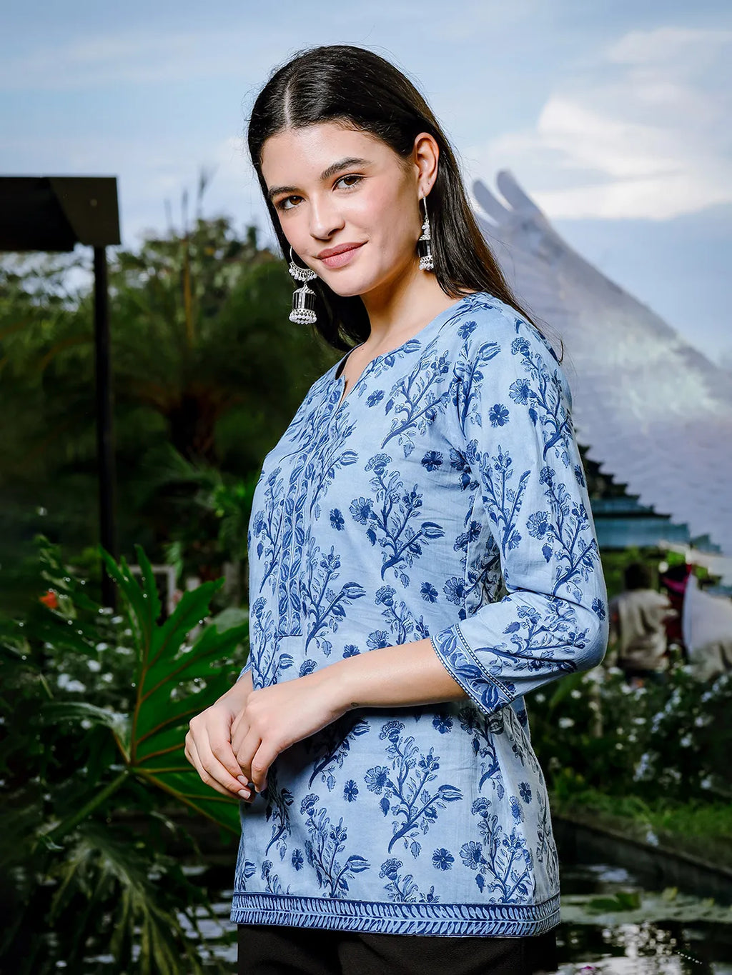 Yufta Sky Blue Cotton Floral Block Print Regular Top | Grocsy