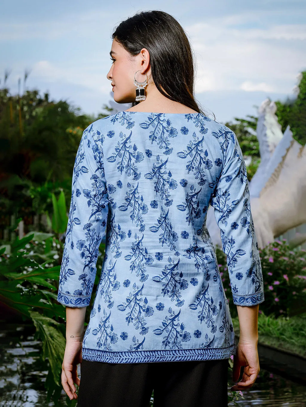 Yufta Sky Blue Cotton Floral Block Print Regular Top | Grocsy