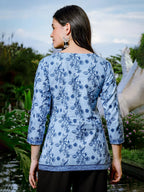 Yufta Sky Blue Cotton Floral Block Print Regular Top | Grocsy