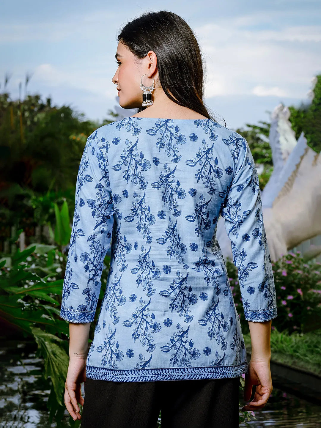 Yufta Sky Blue Cotton Floral Block Print Regular Top | Grocsy