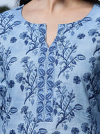 Yufta Sky Blue Cotton Floral Block Print Regular Top | Grocsy