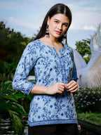 Yufta Sky Blue Cotton Floral Block Print Regular Top | Grocsy