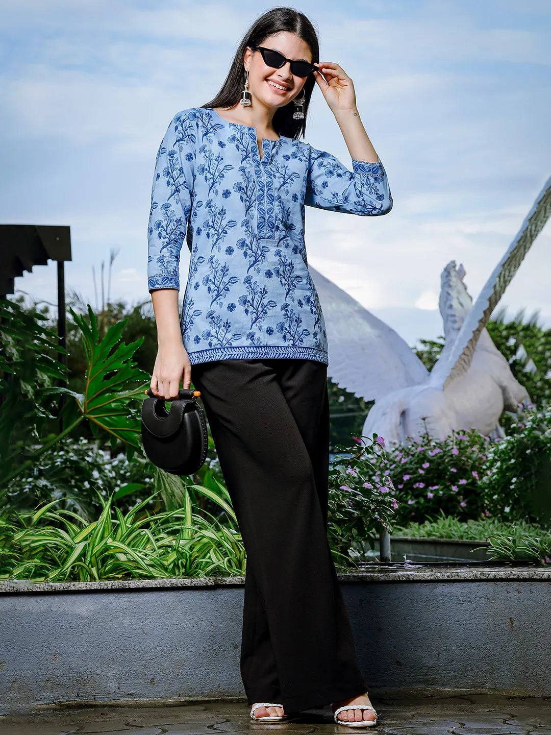 Yufta Sky Blue Cotton Floral Block Print Regular Top | Grocsy