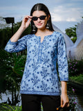 Yufta Sky Blue Cotton Floral Block Print Regular Top | Grocsy