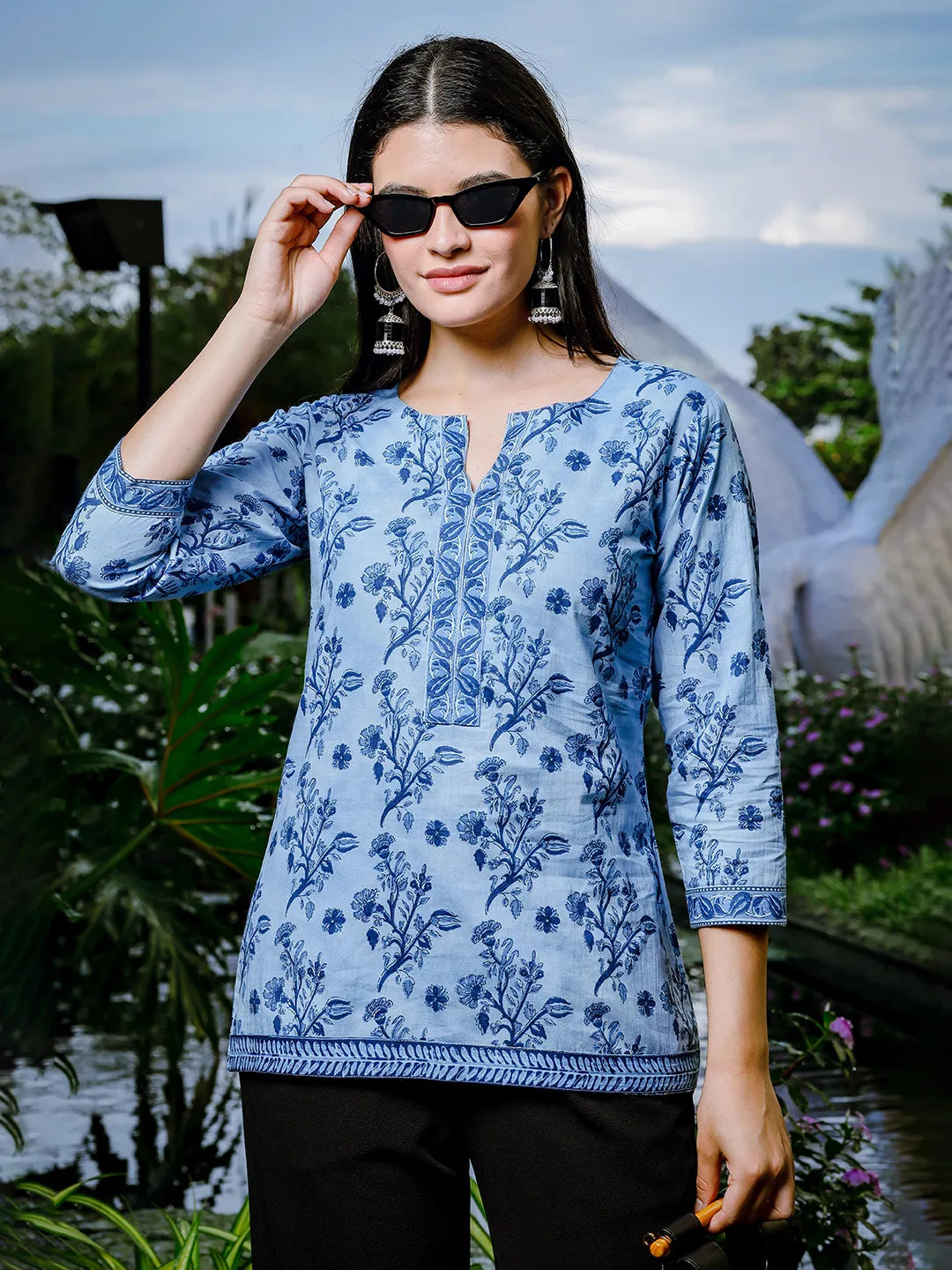 Yufta Sky Blue Cotton Floral Block Print Regular Top | Grocsy