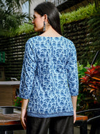 Yufta Sky Blue Cotton Floral Print Hip Length Regular Top | Grocsy