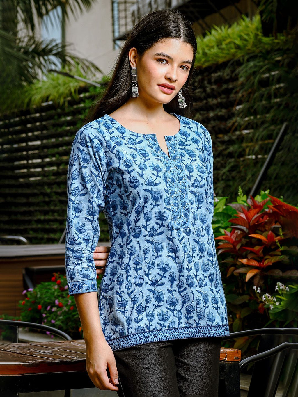 Yufta Sky Blue Cotton Floral Print Hip Length Regular Top | Grocsy