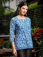 Yufta Sky Blue Cotton Floral Print Hip Length Regular Top | Grocsy