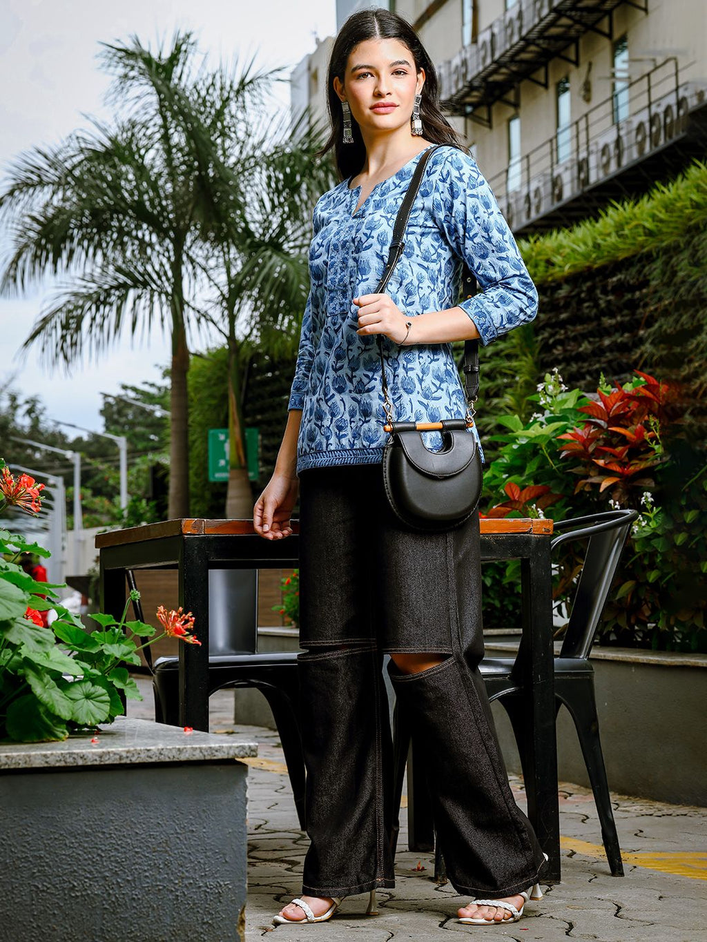Yufta Sky Blue Cotton Floral Print Hip Length Regular Top | Grocsy
