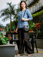 Yufta Sky Blue Cotton Floral Print Hip Length Regular Top | Grocsy