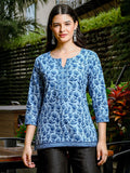 Yufta Sky Blue Cotton Floral Print Hip Length Regular Top | Grocsy