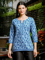 Yufta Sky Blue Cotton Floral Print Hip Length Regular Top | Grocsy