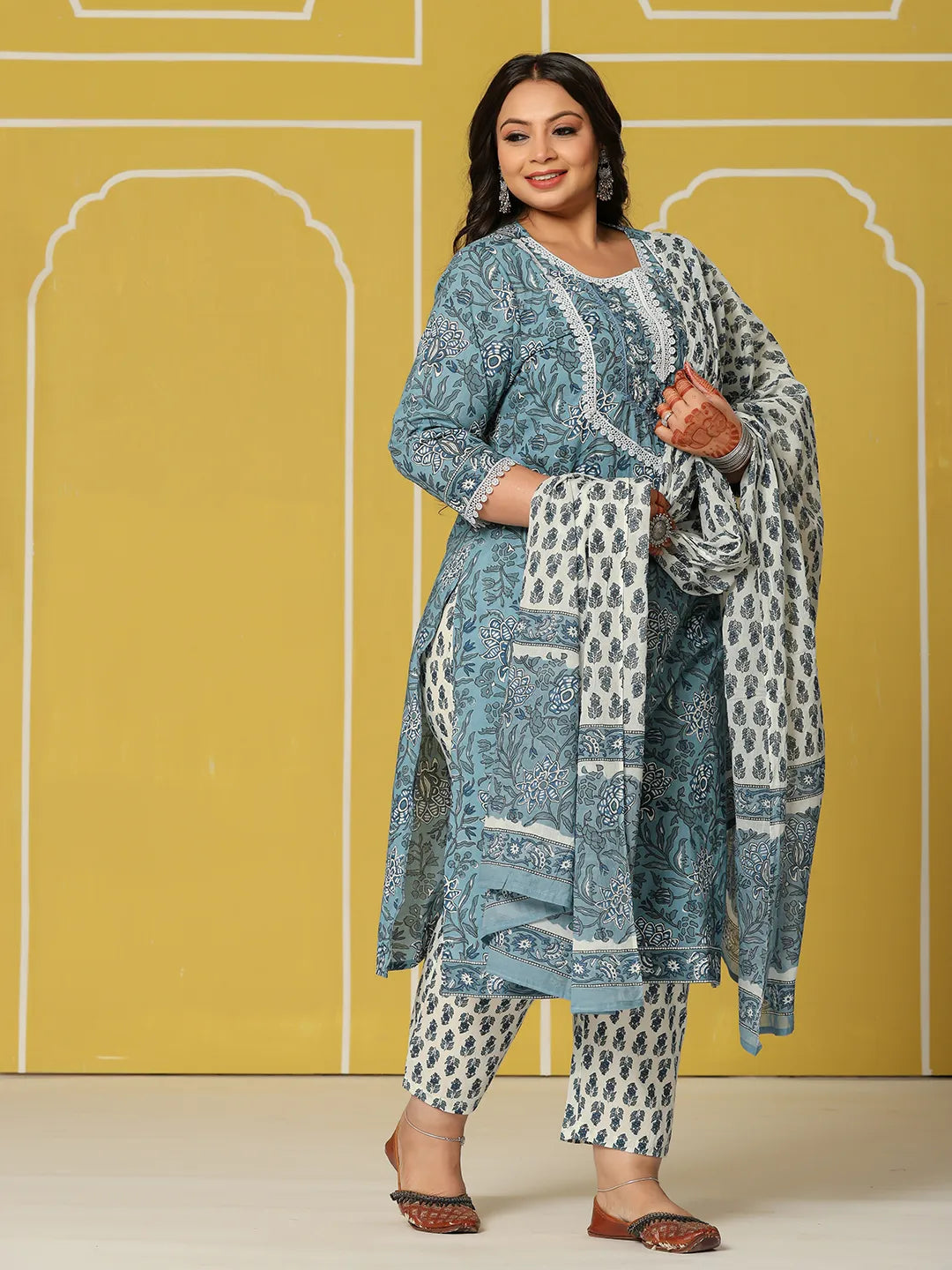 Yufta Sky Blue Cotton Straight Plus Size Kurta Set | Grocsy