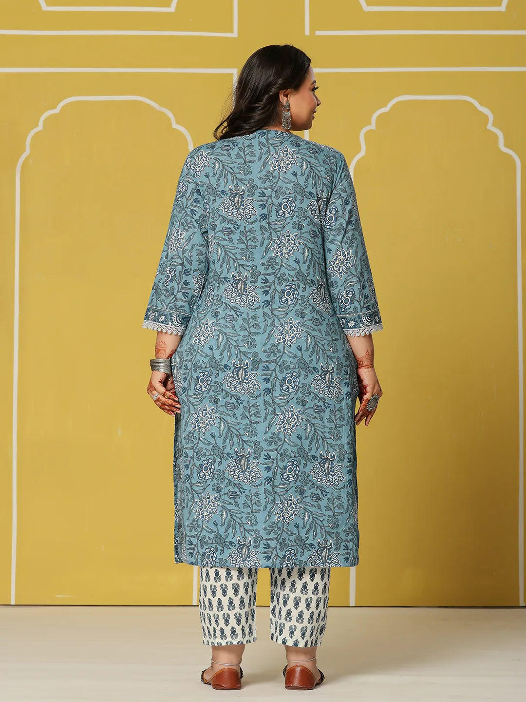 Yufta Sky Blue Cotton Straight Plus Size Kurta Set | Grocsy