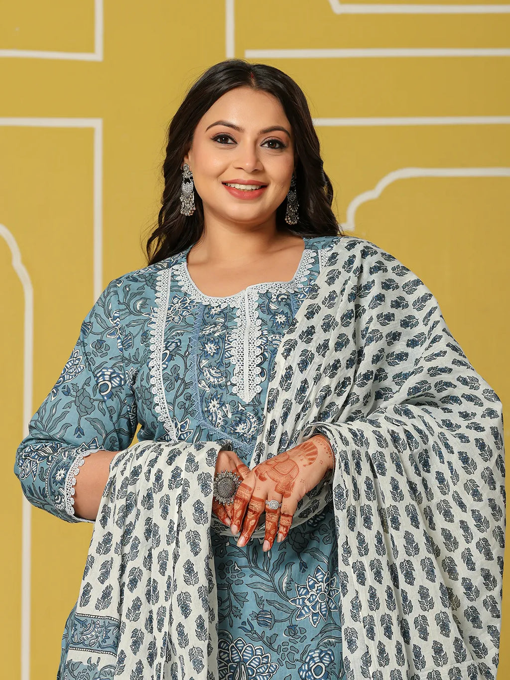 Yufta Sky Blue Cotton Straight Plus Size Kurta Set | Grocsy