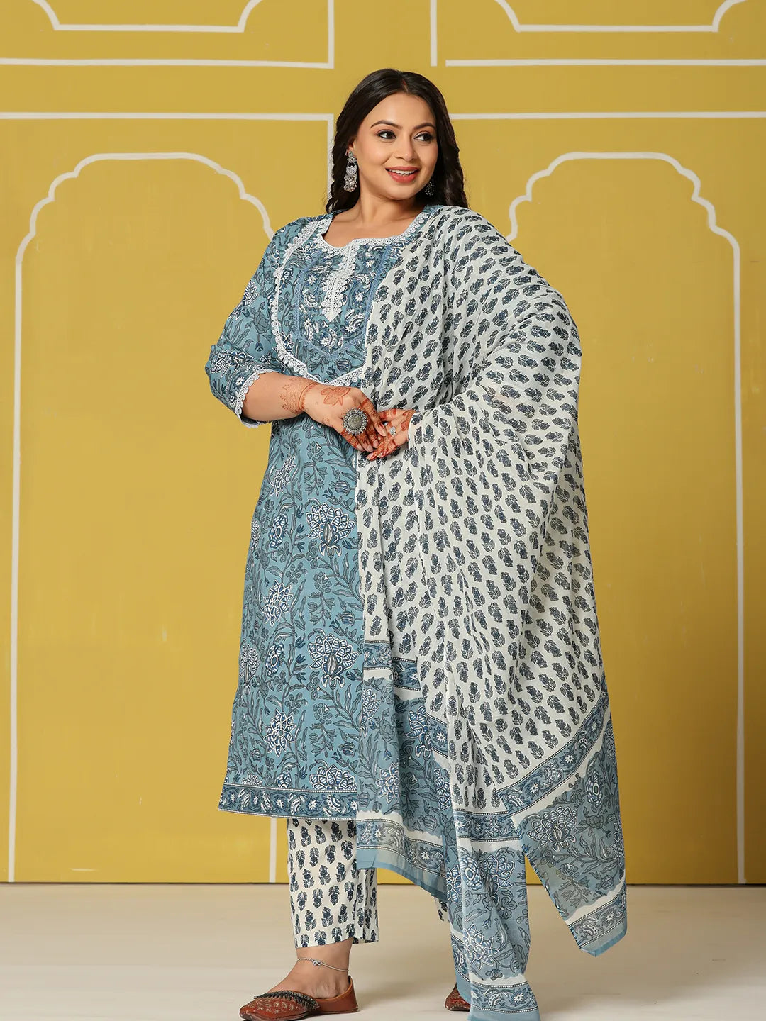 Yufta Sky Blue Cotton Straight Plus Size Kurta Set | Grocsy