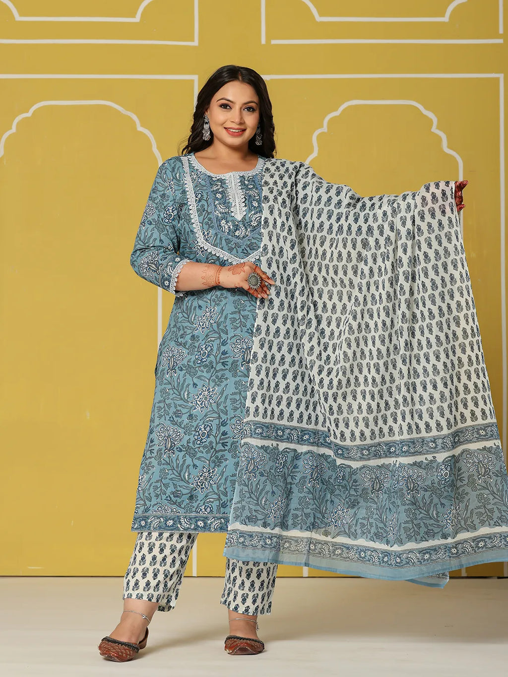 Yufta Sky Blue Cotton Straight Plus Size Kurta Set | Grocsy