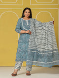 Yufta Sky Blue Cotton Straight Plus Size Kurta Set | Grocsy