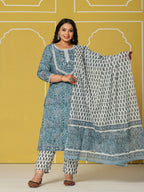 Yufta Sky Blue Cotton Straight Plus Size Kurta Set | Grocsy