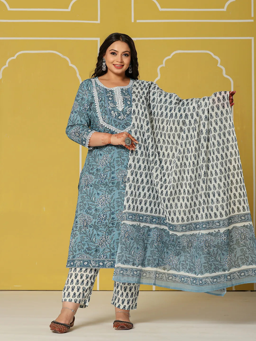 Yufta Sky Blue Cotton Straight Plus Size Kurta Set | Grocsy