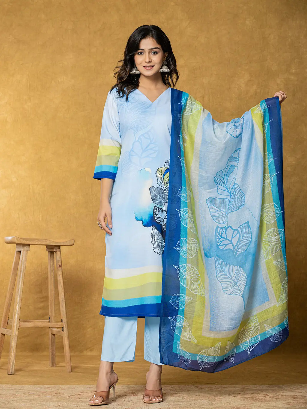 Yufta Sky Blue Linen Floral Kurta Dupatta Pant Set | Grocsy