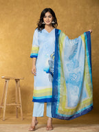Yufta Sky Blue Linen Floral Kurta Dupatta Pant Set | Grocsy