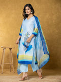 Yufta Sky Blue Linen Floral Kurta Dupatta Pant Set | Grocsy
