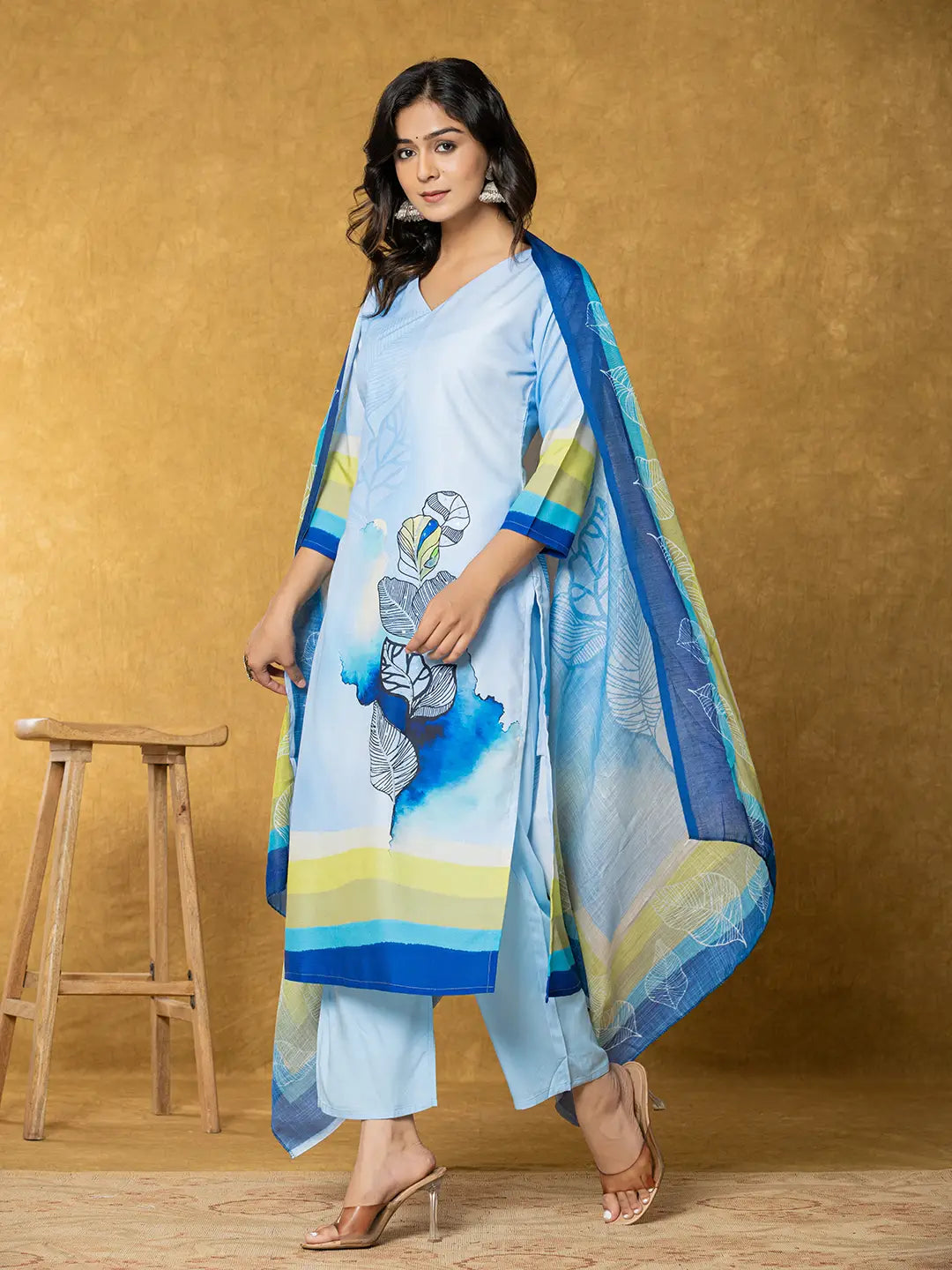 Yufta Sky Blue Linen Floral Kurta Dupatta Pant Set | Grocsy