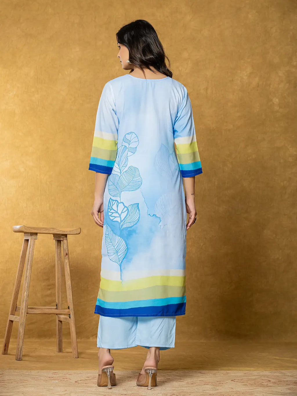 Yufta Sky Blue Linen Floral Kurta Dupatta Pant Set | Grocsy