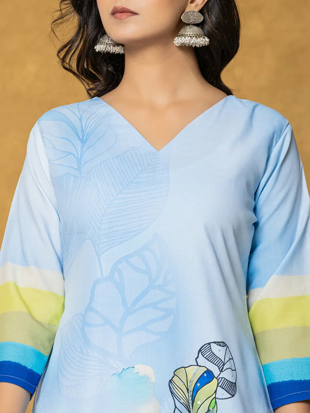 Yufta Sky Blue Linen Floral Kurta Dupatta Pant Set | Grocsy
