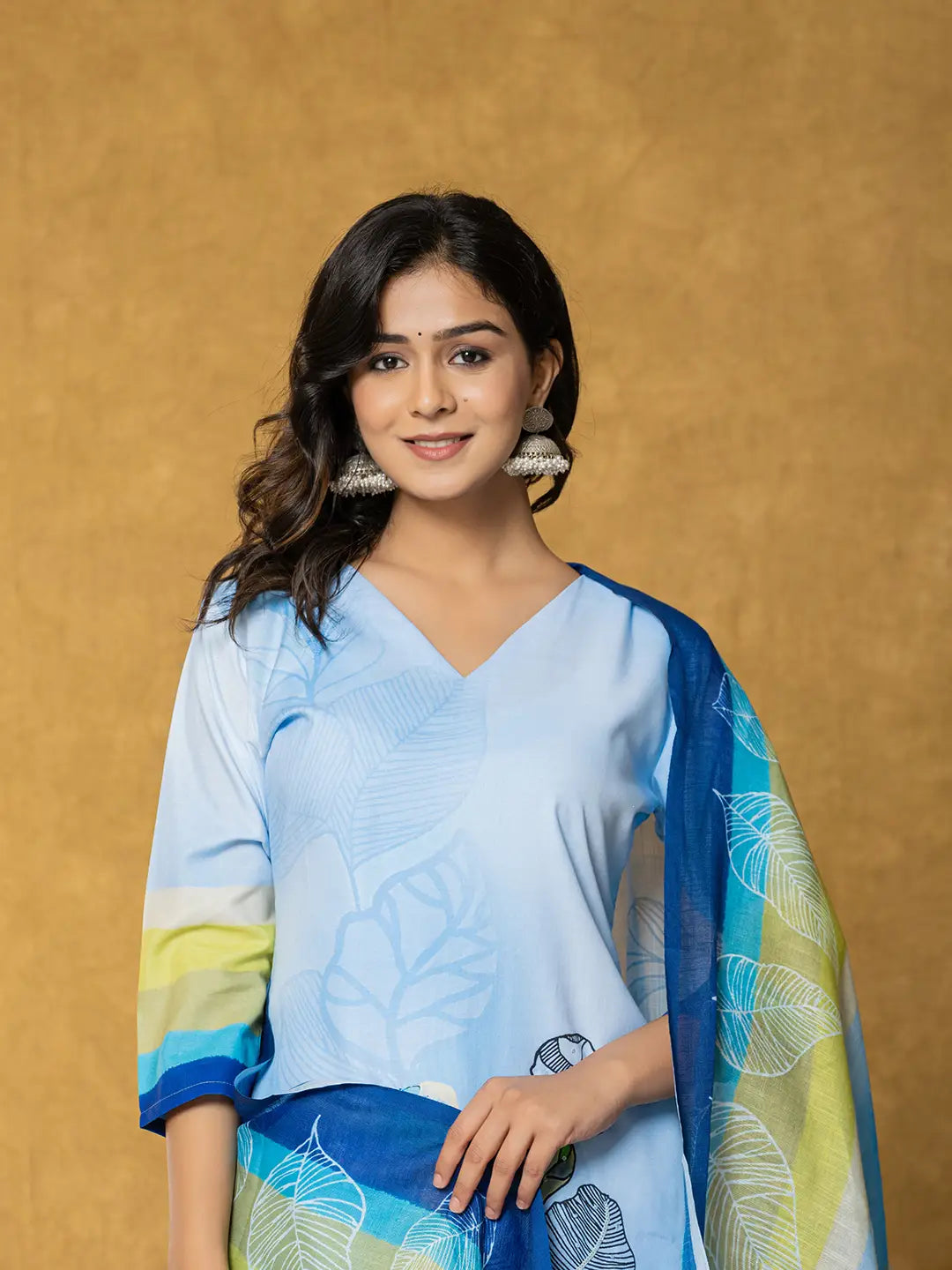 Yufta Sky Blue Linen Floral Kurta Dupatta Pant Set | Grocsy
