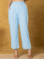 Yufta Sky Blue Linen Floral Kurta Dupatta Pant Set | Grocsy